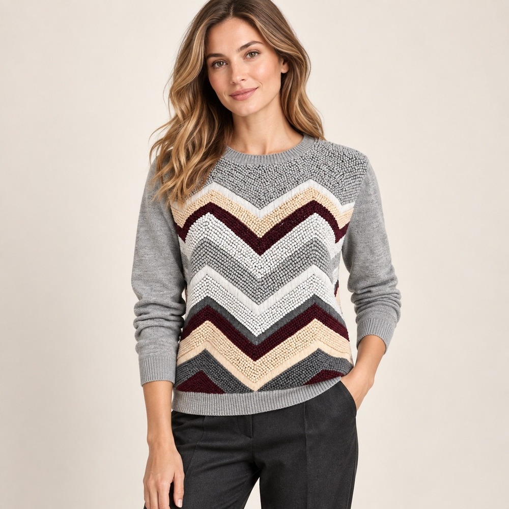 Rag & Bone Kari Merino Wool Textured Chevron Sweater Grey Women's M Cozy Fall